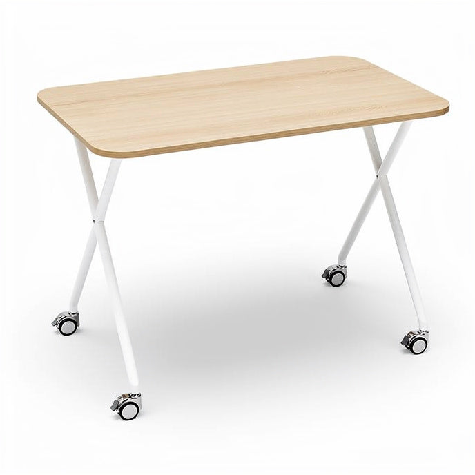 **Technische Titel in het Nederlands: Mobiele Vouwtafel met Houten Blad en Witte Onderstel**