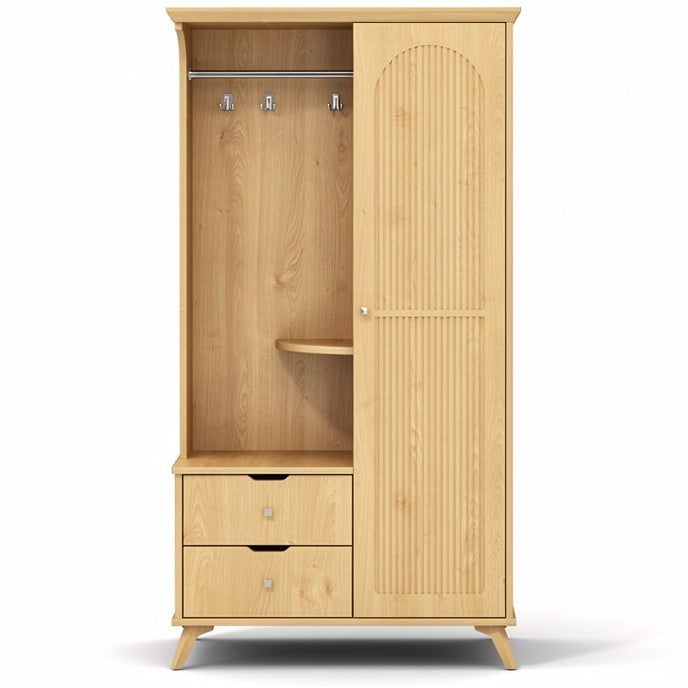 **Technische Titel in het Nederlands: Moderne Houten Kledingkast met Lades en Open Plank**