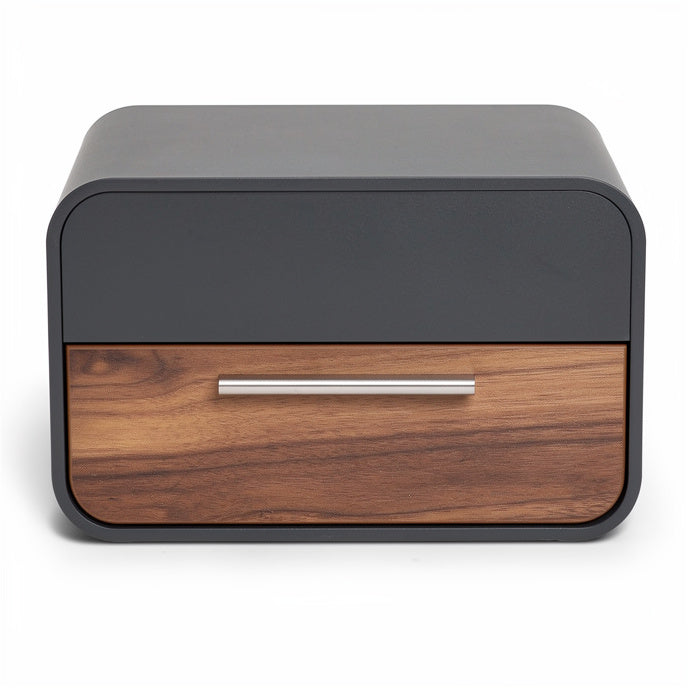 **Technische Titel in het Nederlands: Modern nachtkastje met houten lade en minimalistisch ontwerp**